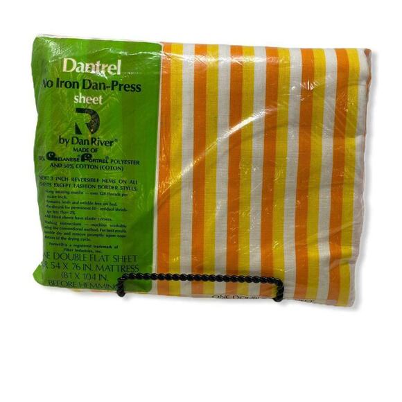 New Vintage Deadstock Dan River “Dantrel” Double Flat Sheet Orange Yellow Stripe - Picture 3 of 5
